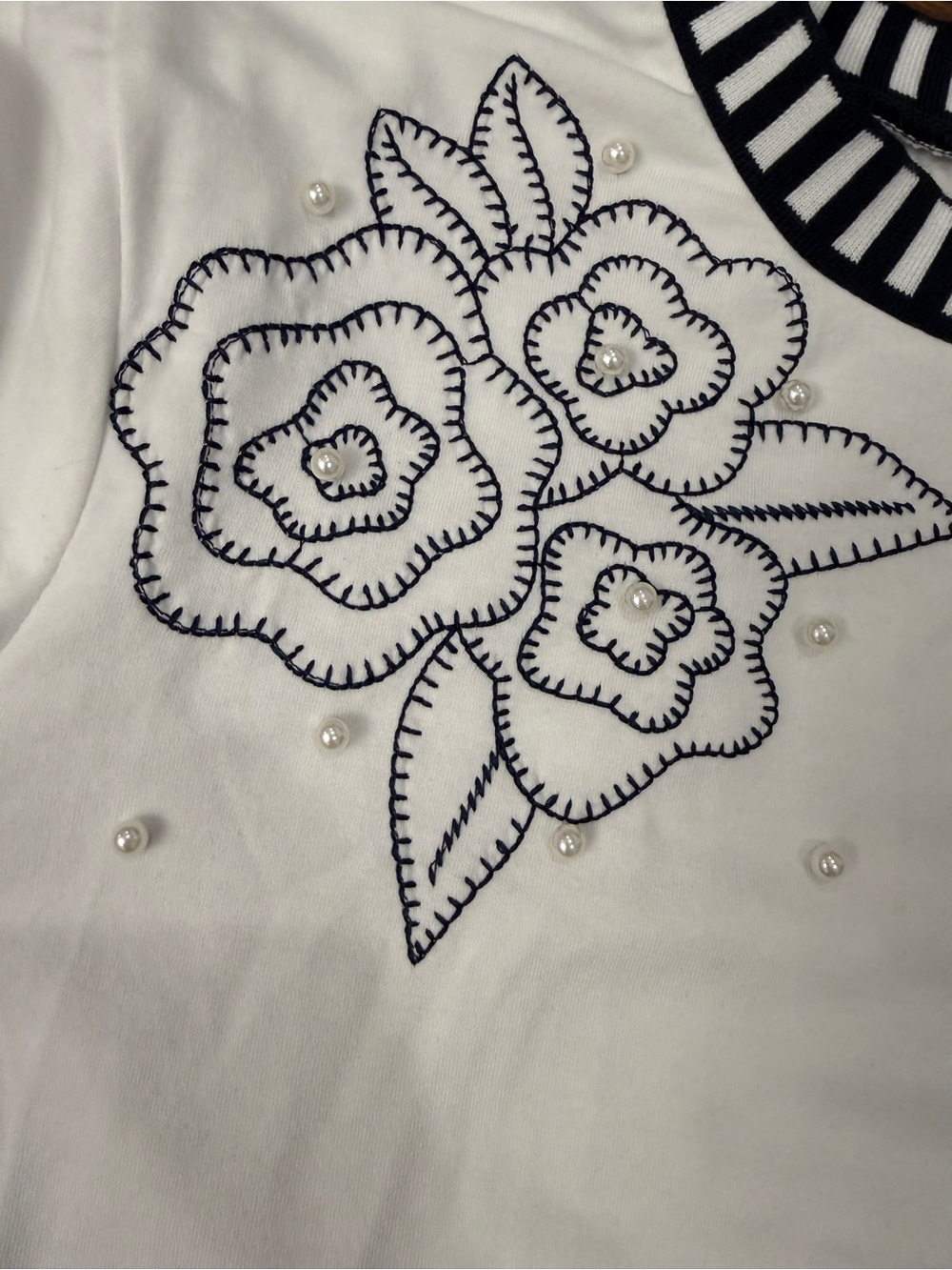 Chic Embroidered Pearl Detail Tee | Black & White Trim Luxe Top - Picture 3 of 4